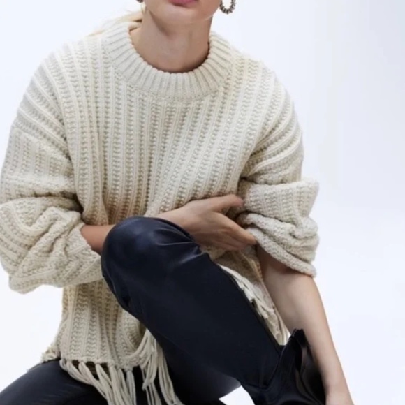 BNWT H&M Fringe-Trimmed Chunky Knit Cream Sweater XXL - Picture 4 of 6